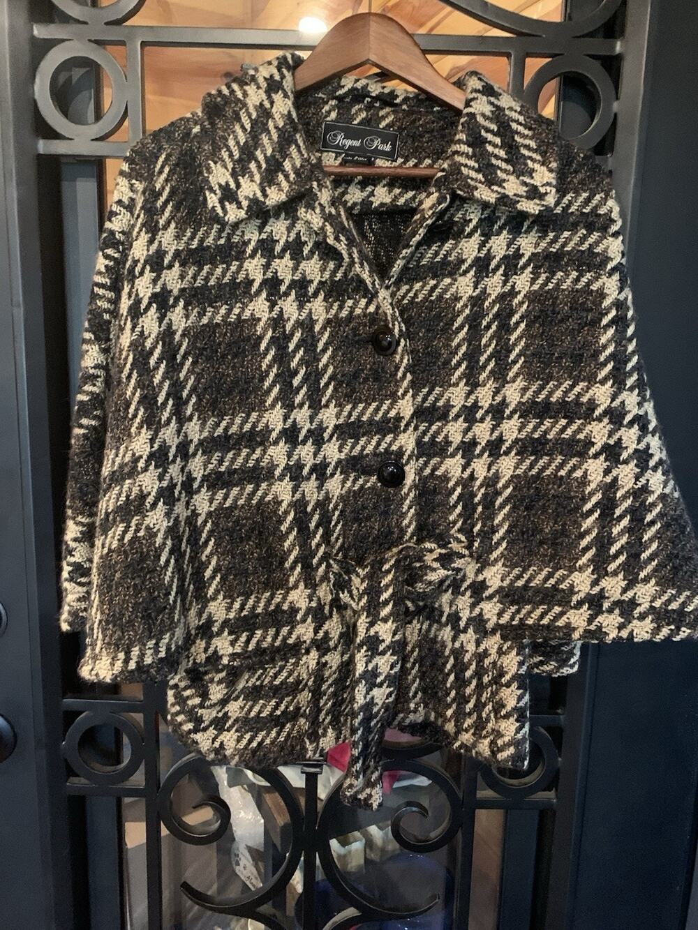 Regent Park Womens Wool Blend Houndstooth Belted Capelet Coat Jacket Size S
